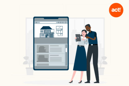 A man and woman standing next to each other looking at an ipad, and an animation of the ipad to the left looking at a real estate plan.