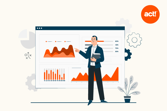 An illustratin of a person standing in front of a dashboard with metrics and graphs