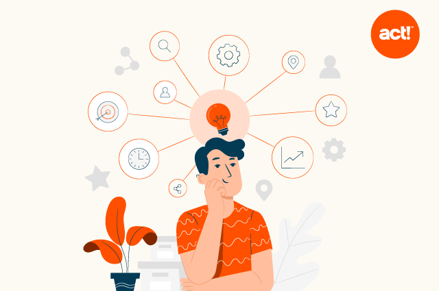 an animation of a man thinking different thoughts, colors include orange and an act! logo at the top right