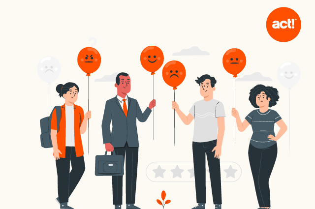 4 people standing and holding orange ballons representing their mood with facialy expressions.