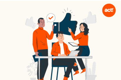 Decorative illustration of people sitting on a and around a desk pointing to a big thumbs up icon