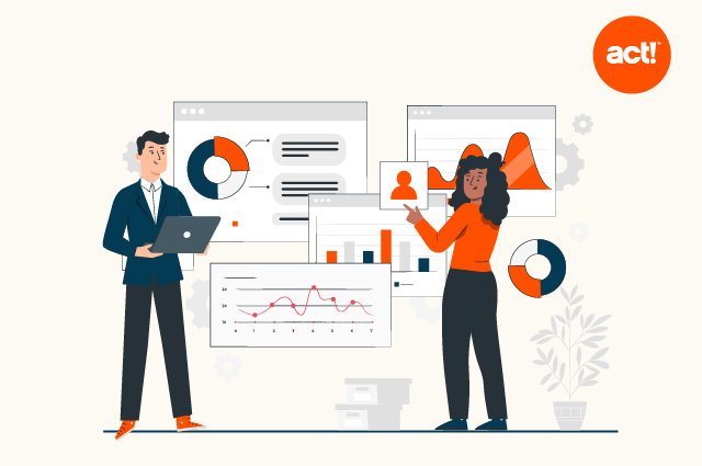 an illustration of two people standing in front of graphs and charts