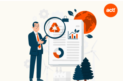 a decorative illustration that depicts a person standng in front of an easle with recycling charts and graphs