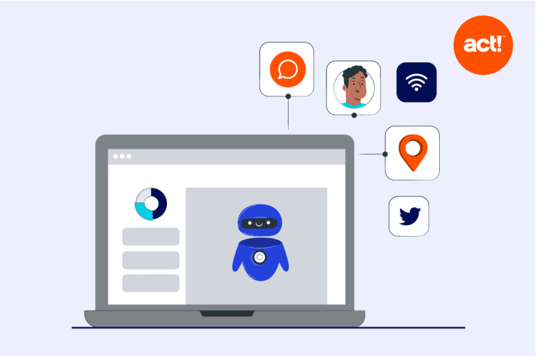 an illustration of a comoputer screen with a robot on it and icons floating around it