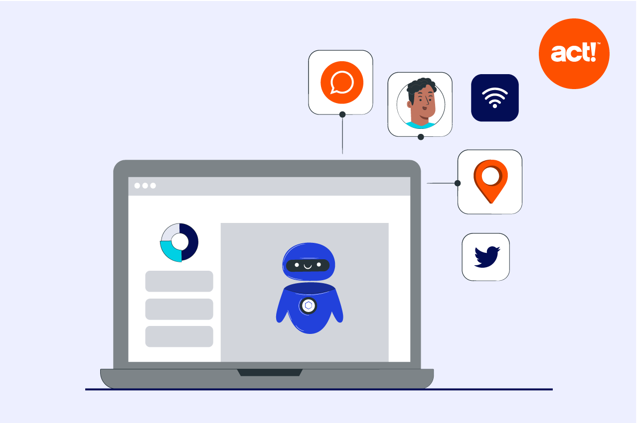 an illustration of a comoputer screen with a robot on it and icons floating around it