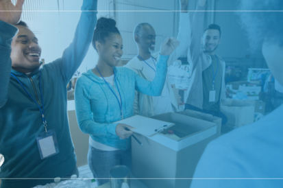 people volunteering at a nonprofit with a blue overlay and white heart graphic