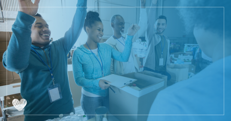 people volunteering at a nonprofit with a blue overlay and white heart graphic