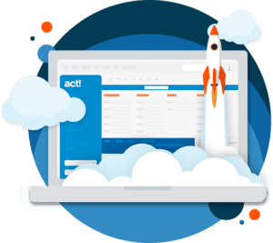 An illustation of a rocket taking off from a laptop with the screen showing Act! CRM.