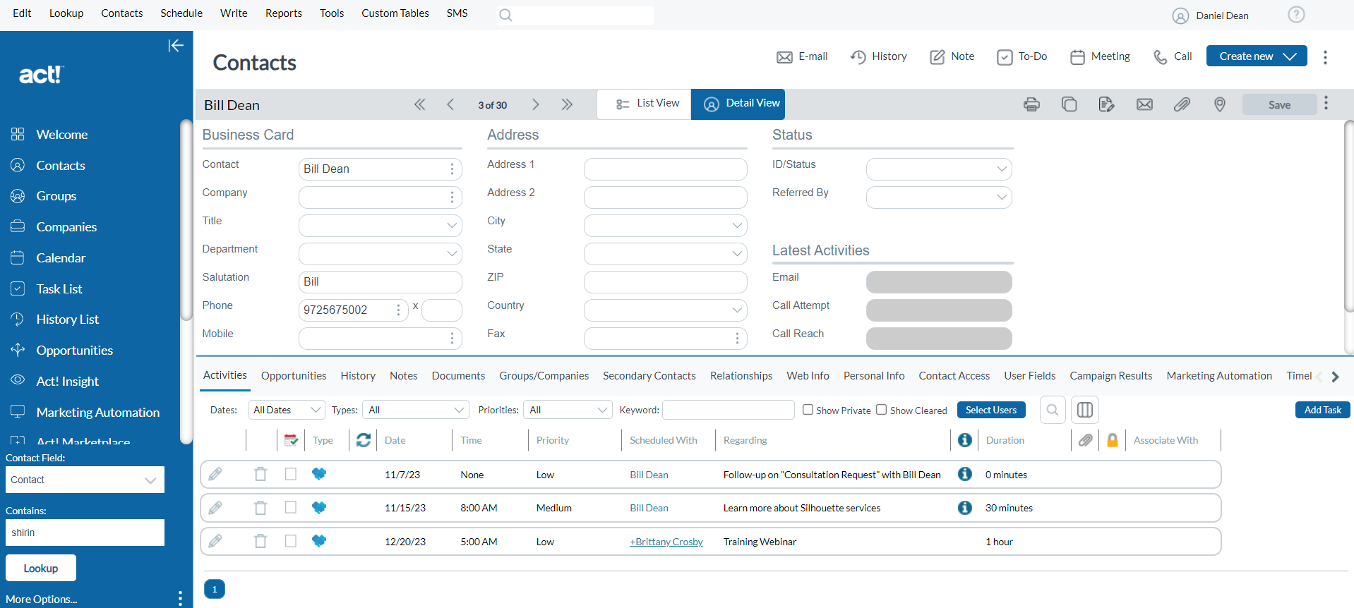 Act! screenshot showing appointment activity