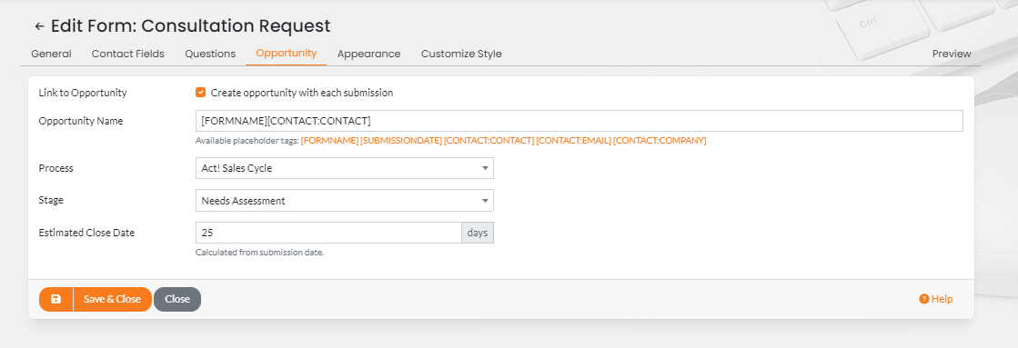 screenshot depicting how to create opportunities in Act! with Link2forms+