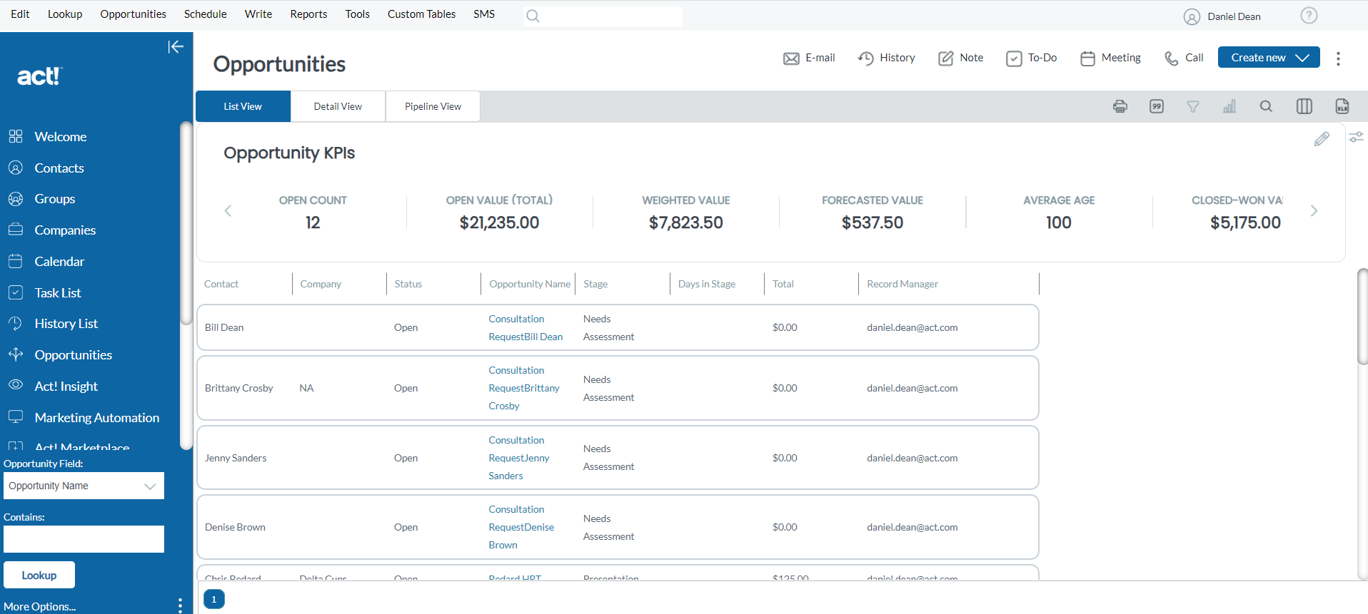 Act! screenshot showing how new opportunities appear when a form a submitted