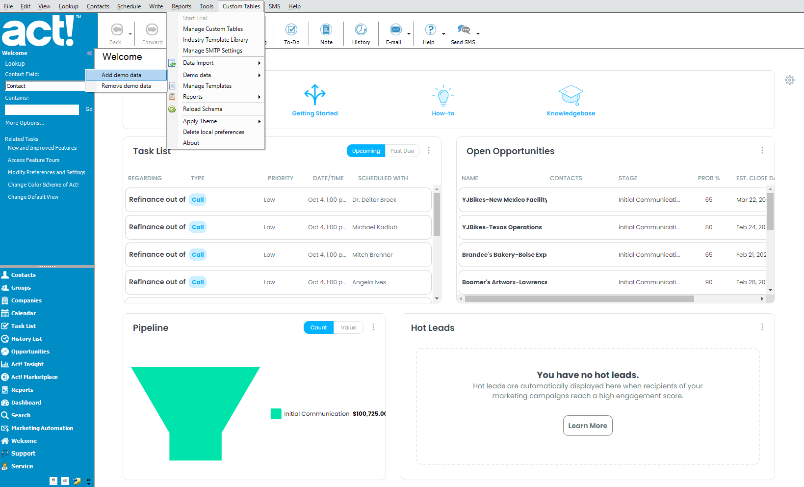 Act! Premium Welcome Screen with Custom Tables in left-nav