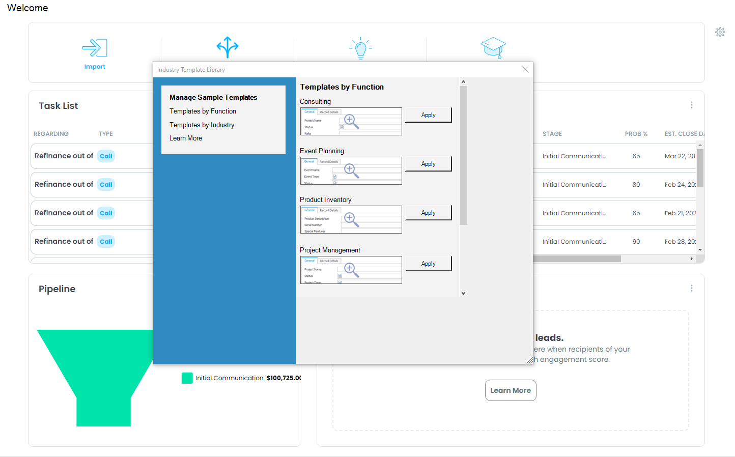 screen shot of industry templates