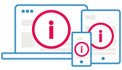 icons showing information symbols on a laptop, tablet, and phone