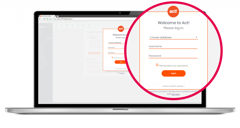 laptop showing the login page for Act! CRM platform for instant online access