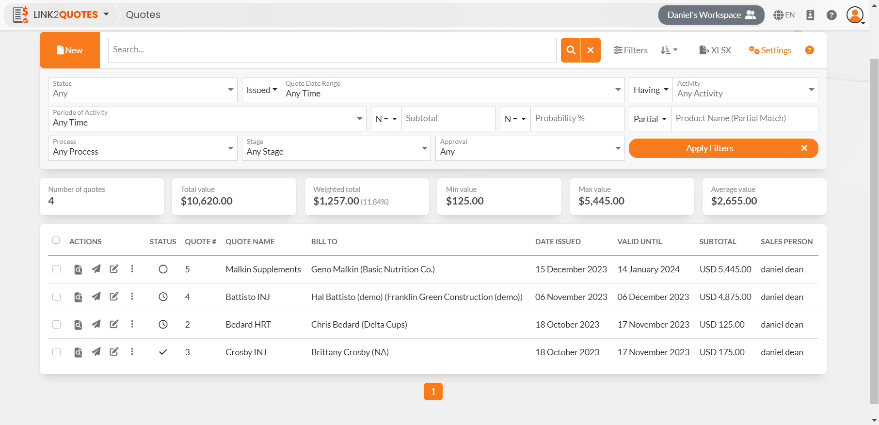 screenshot showing how to centralize quote management with filtering and search capabilities