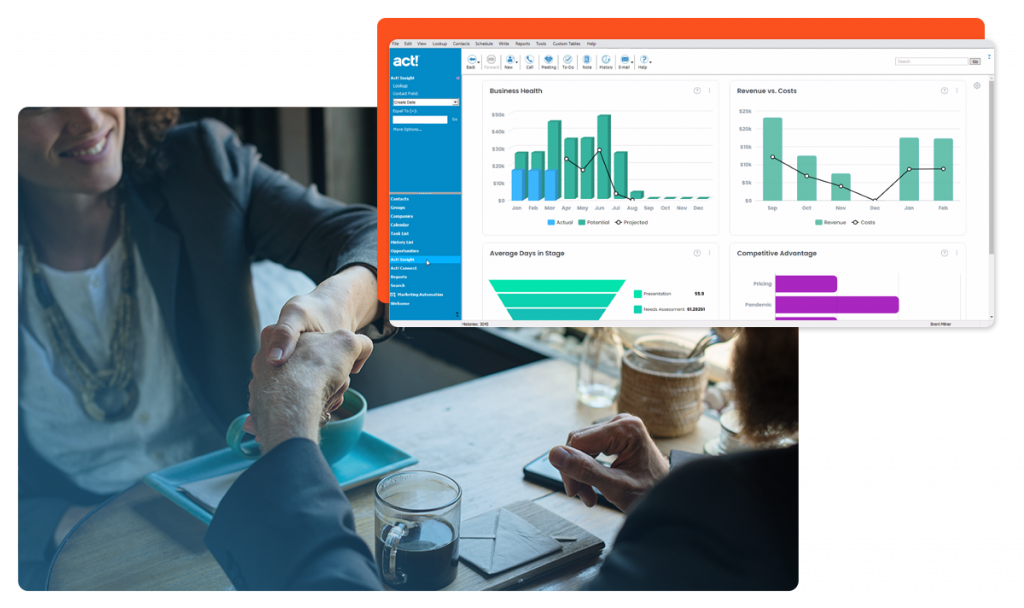 two people shaking hands and a screenshot of the dashboard for the act! CRM platform