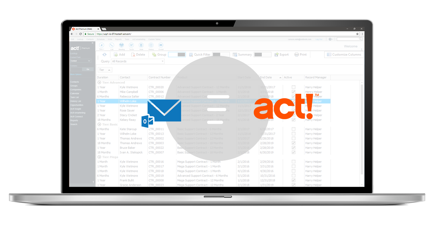 laptop showing the microsoft outlook logo connecting to the act! CRM logo